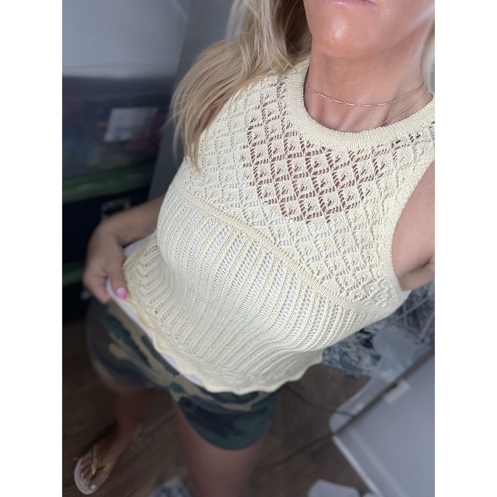 Mix Stitch Potential Knit Sweater Tank Nude‎ Tan Pull Over Bohemian Cropped L